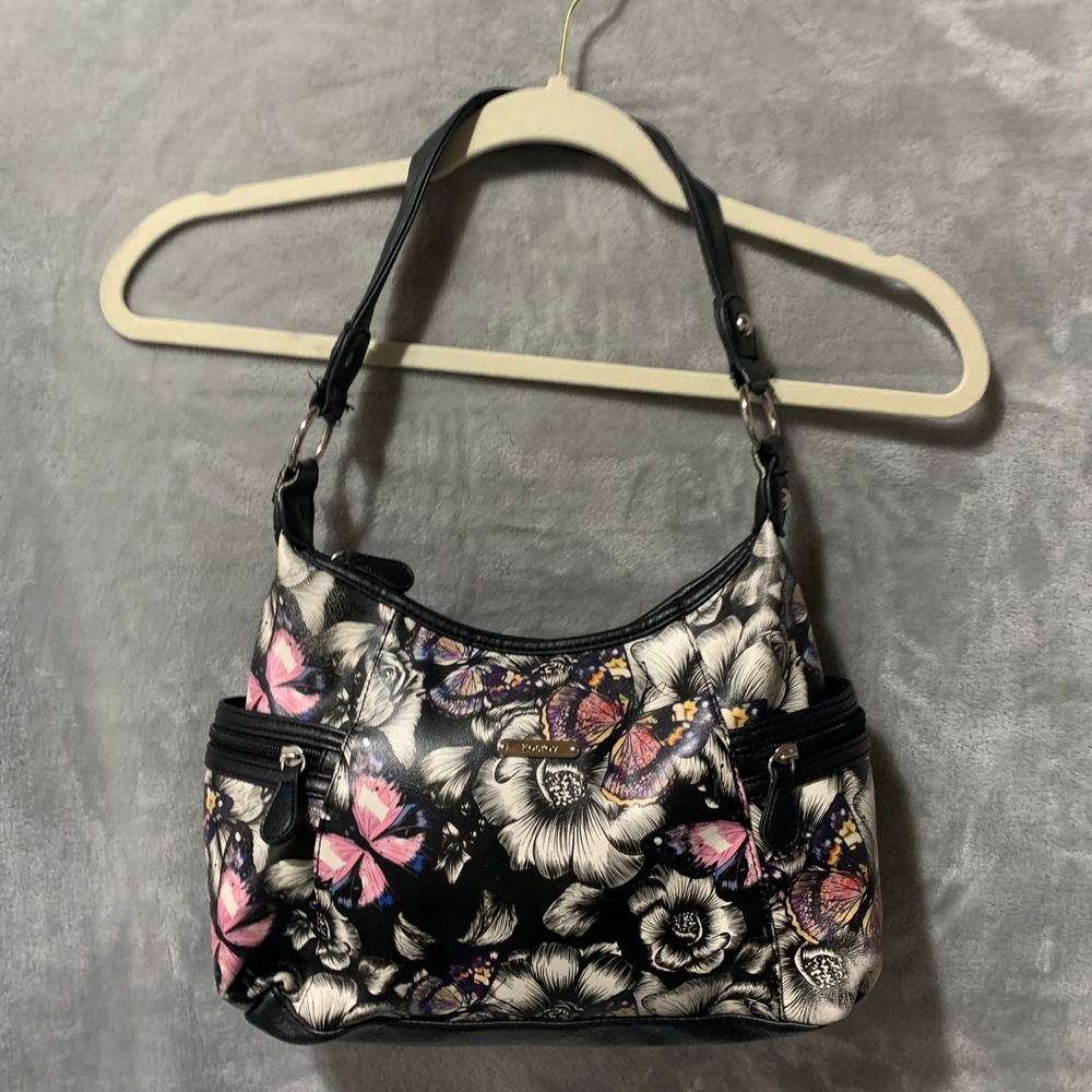 Koltov Floral Butterfly Print Shoulder Bag Black Faux Leather Hobo Purse 11806